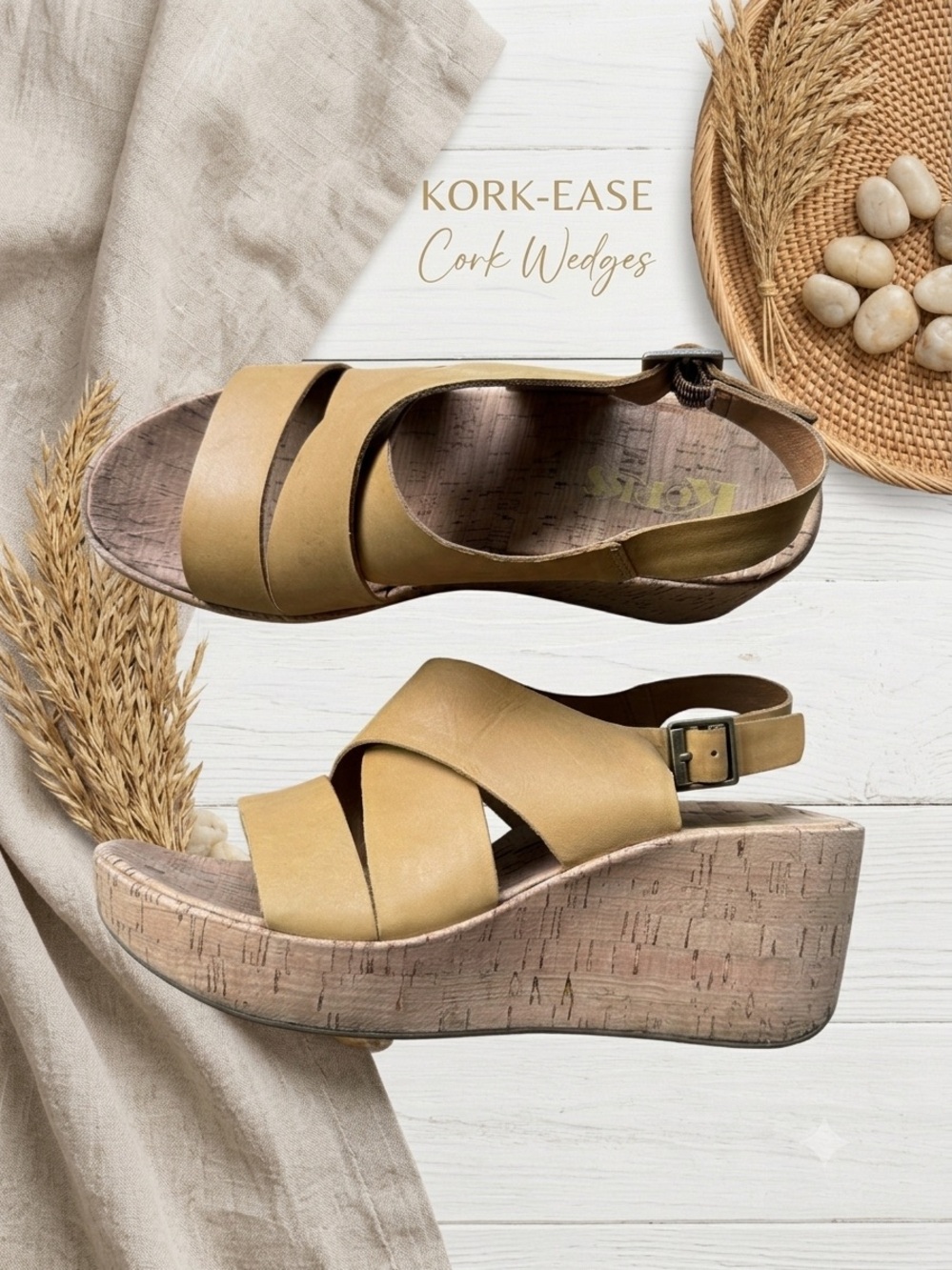 Kork-Ease Women's Mustard Tan Leather Cork Wedges